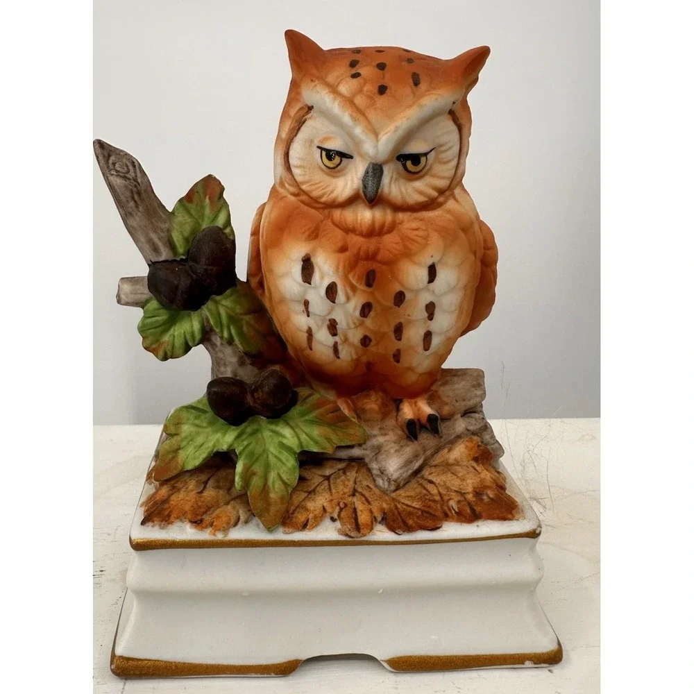 Vintage Music Box Owl On Branch Towle Fine Porcelain Plays Autumn Leaves